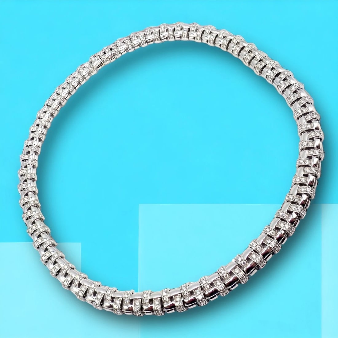 Authentic! Tiffany & Co Vannerie 18k White Gold Basket Weave Diamond Necklace - 3
