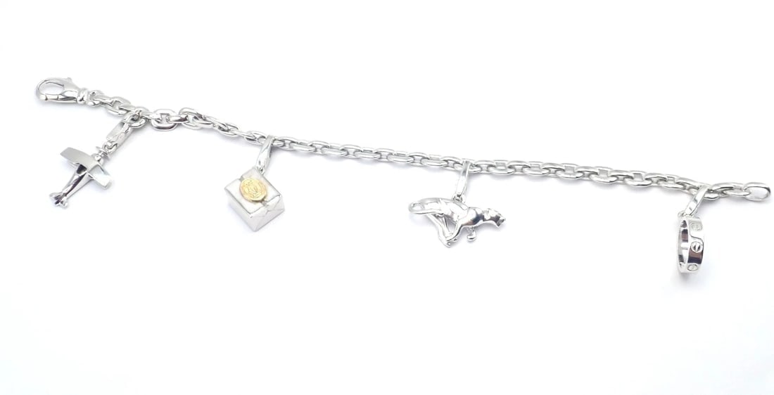 Authentic Cartier 18k White Gold 4 Charm Panther Airplane Love Box Link Bracelet - 13