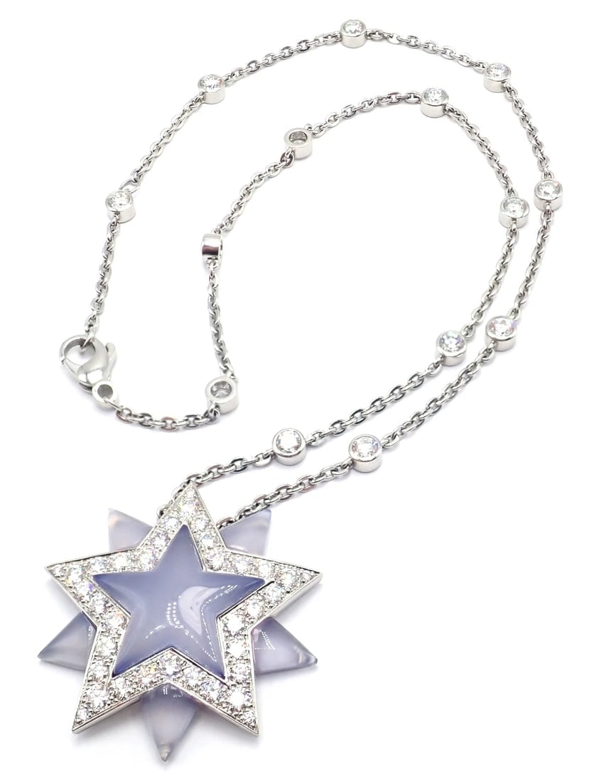 Authentic! Tiffany & Co Platinum Diamond Blue Chalcedony Star Pendant Necklace - 14