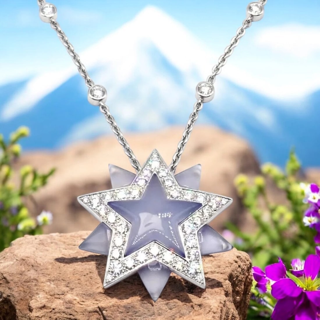 Authentic! Tiffany & Co Platinum Diamond Blue Chalcedony Star Pendant Necklace - 2