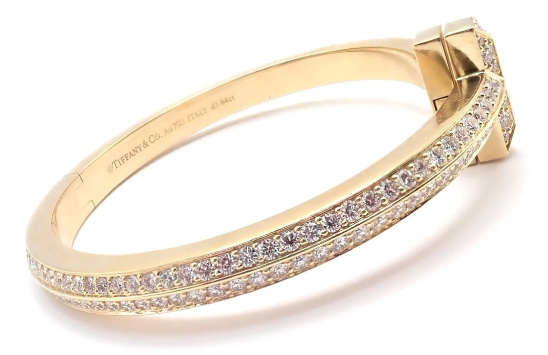 Authentic! Tiffany & Co 18k Yellow Gold Diamond T1 Wide Hinged Bangle Bracelet - 7
