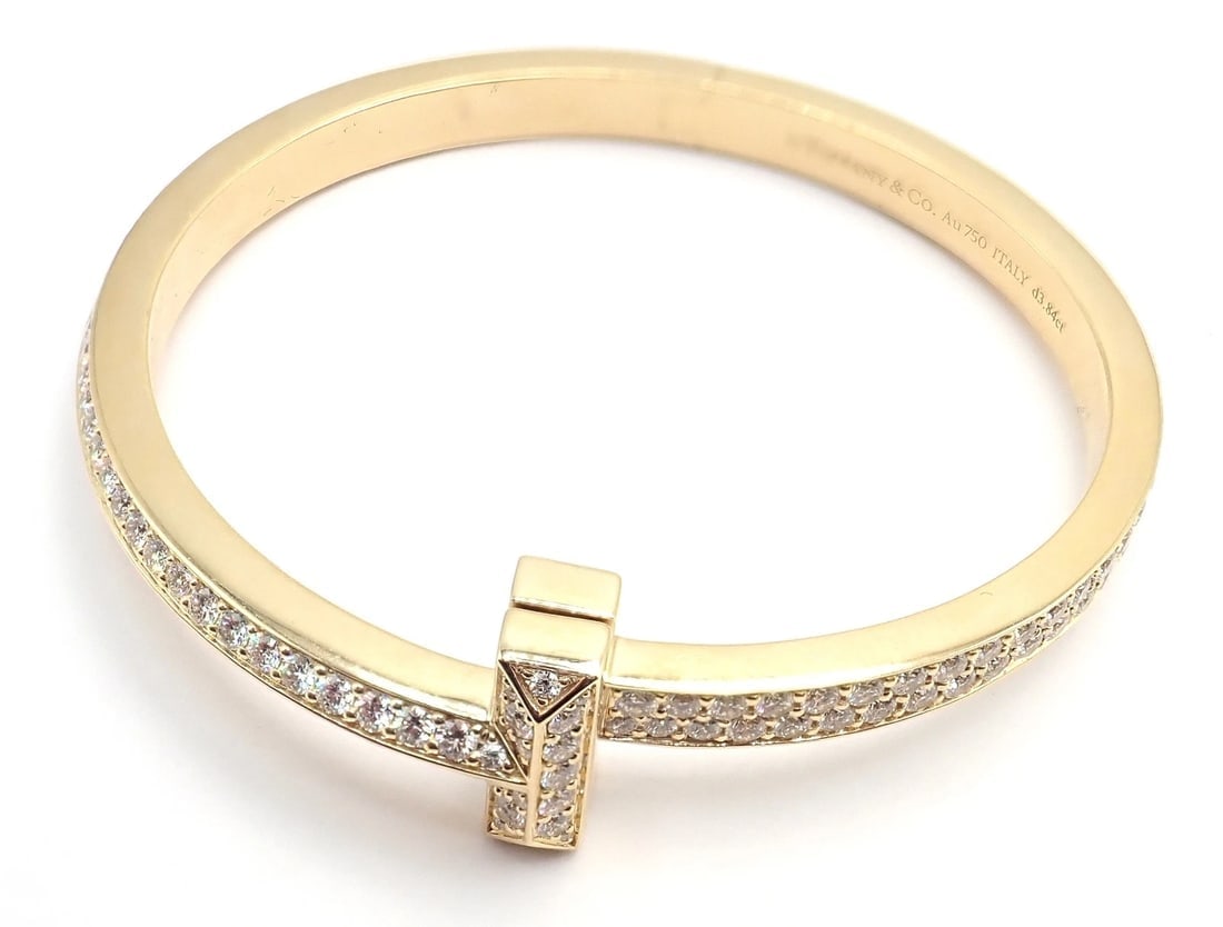 Authentic! Tiffany & Co 18k Yellow Gold Diamond T1 Wide Hinged Bangle Bracelet - 9
