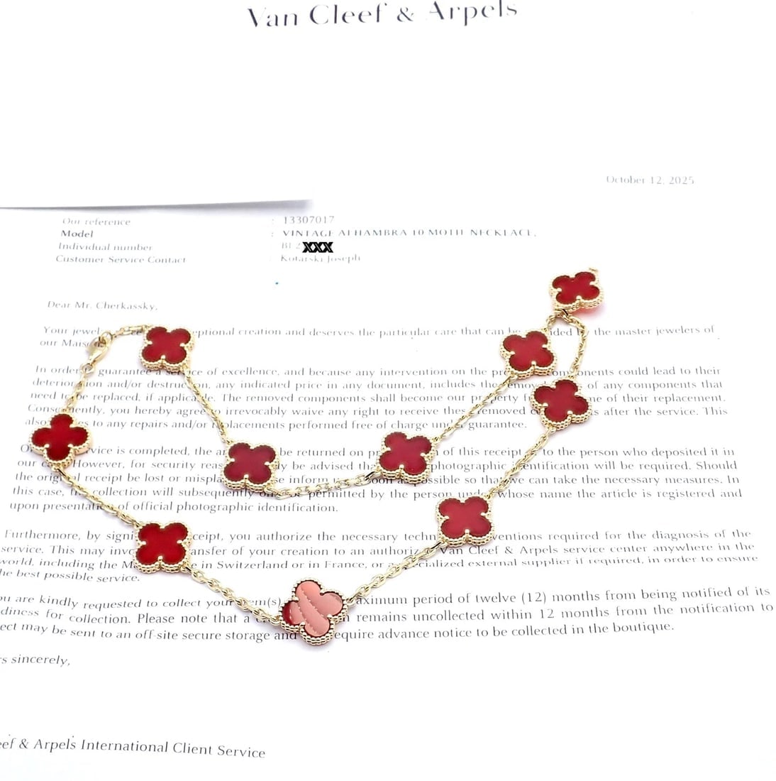 Authentic Van Cleef & Arpels 18k Gold 10 Motif Alhambra Carnelian Necklace Paper - 7
