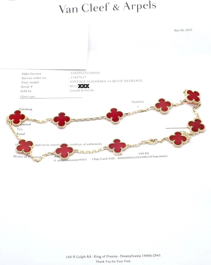 Authentic Van Cleef & Arpels 18k Gold 10 Motif Alhambra Carnelian Necklace Paper - 8