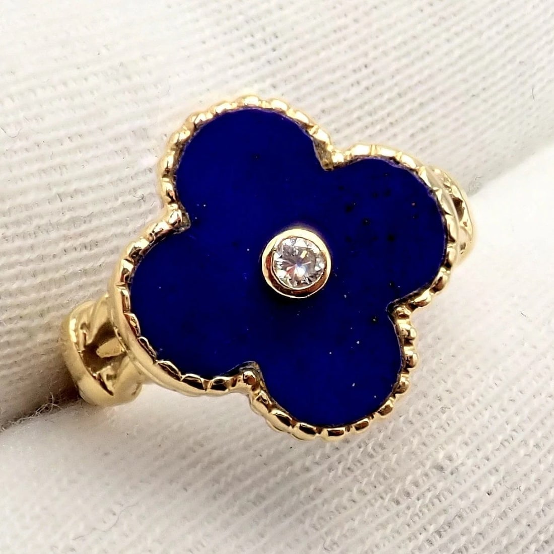 Van Cleef & Arpels Alhambra 18k Yellow Gold Lapis Lazuli Diamond Ring Sz 4 - 7