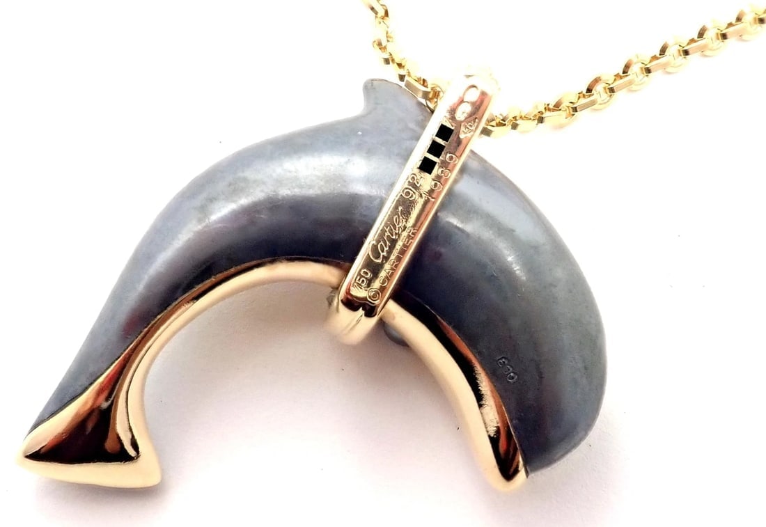 Rare! Authentic Cartier 18k Yellow Gold Hematite Dolphin Pendant Link Necklace - 8