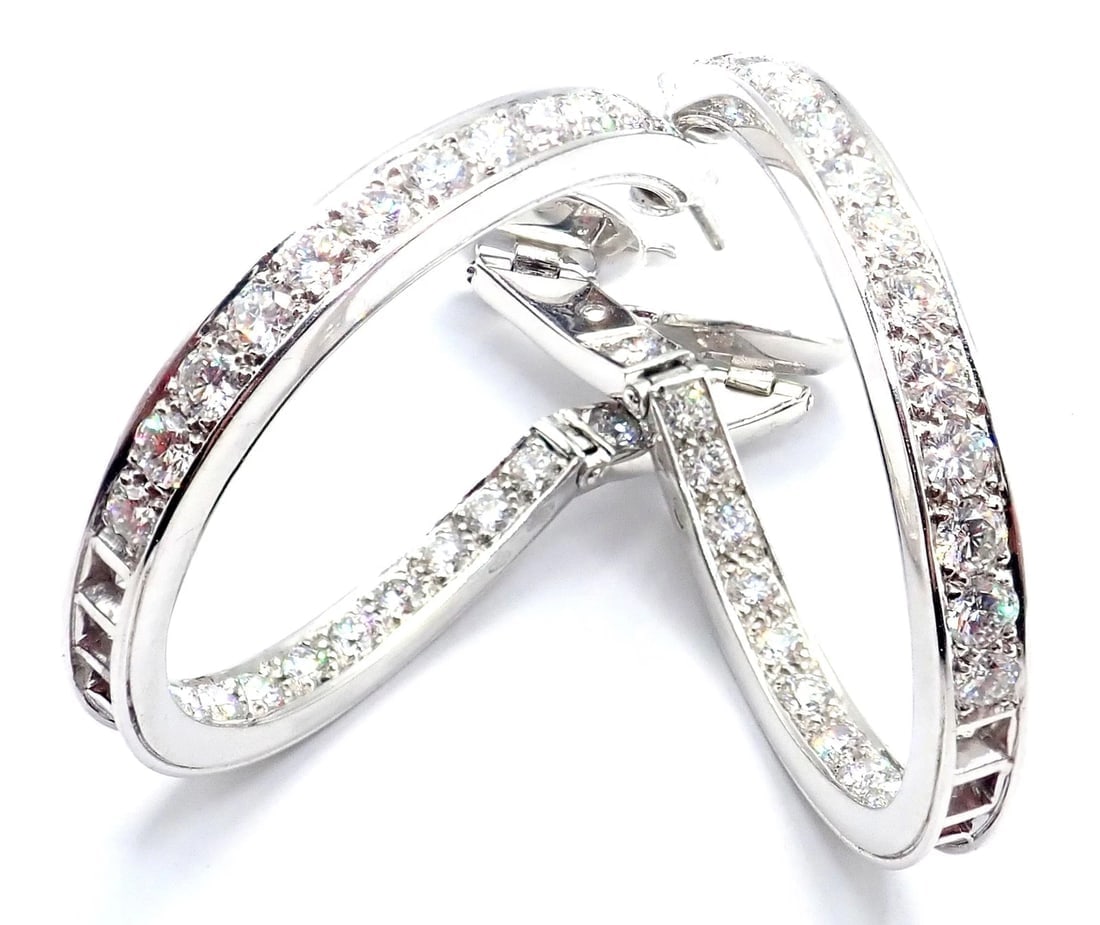 Authentic! Van Cleef & Arpels 18k White Gold Diamond Large Hoop Earrings - 11