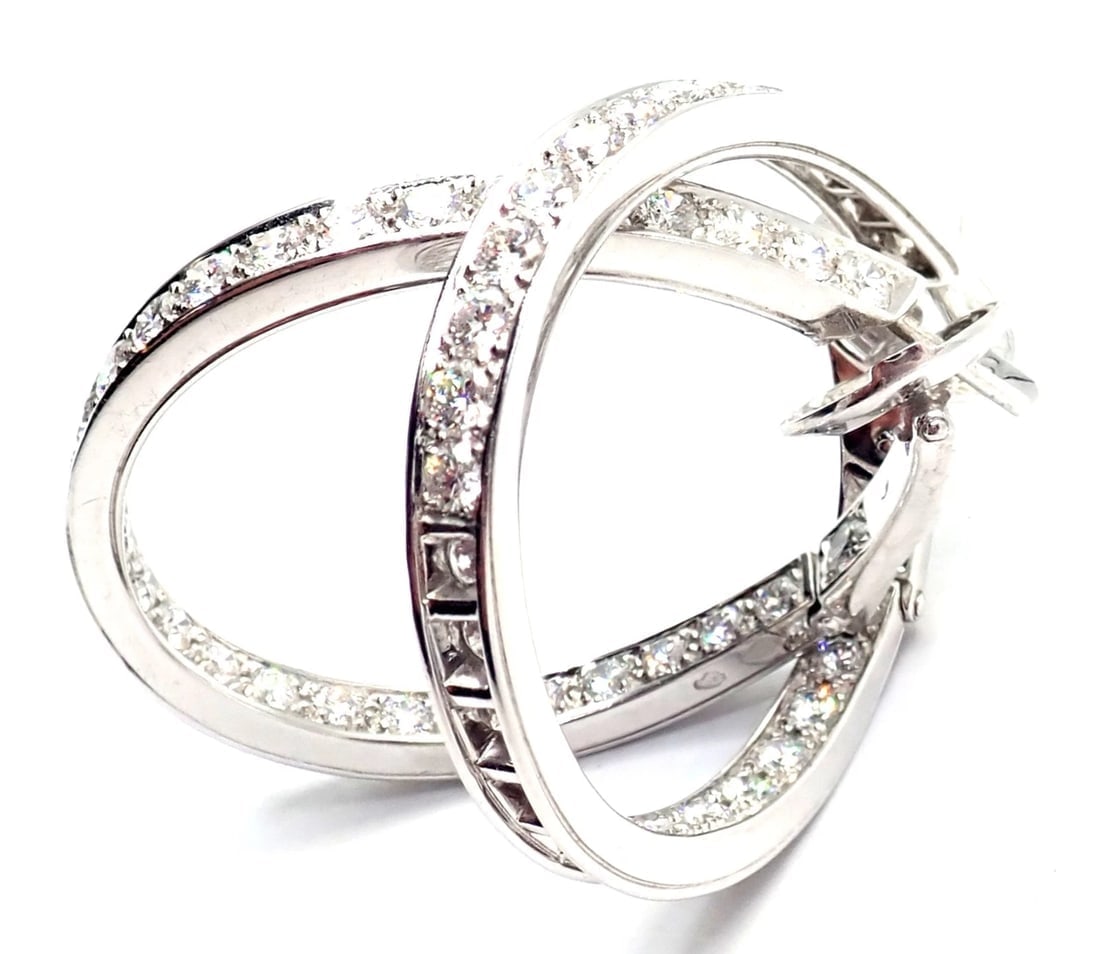 Authentic! Van Cleef & Arpels 18k White Gold Diamond Large Hoop Earrings - 6
