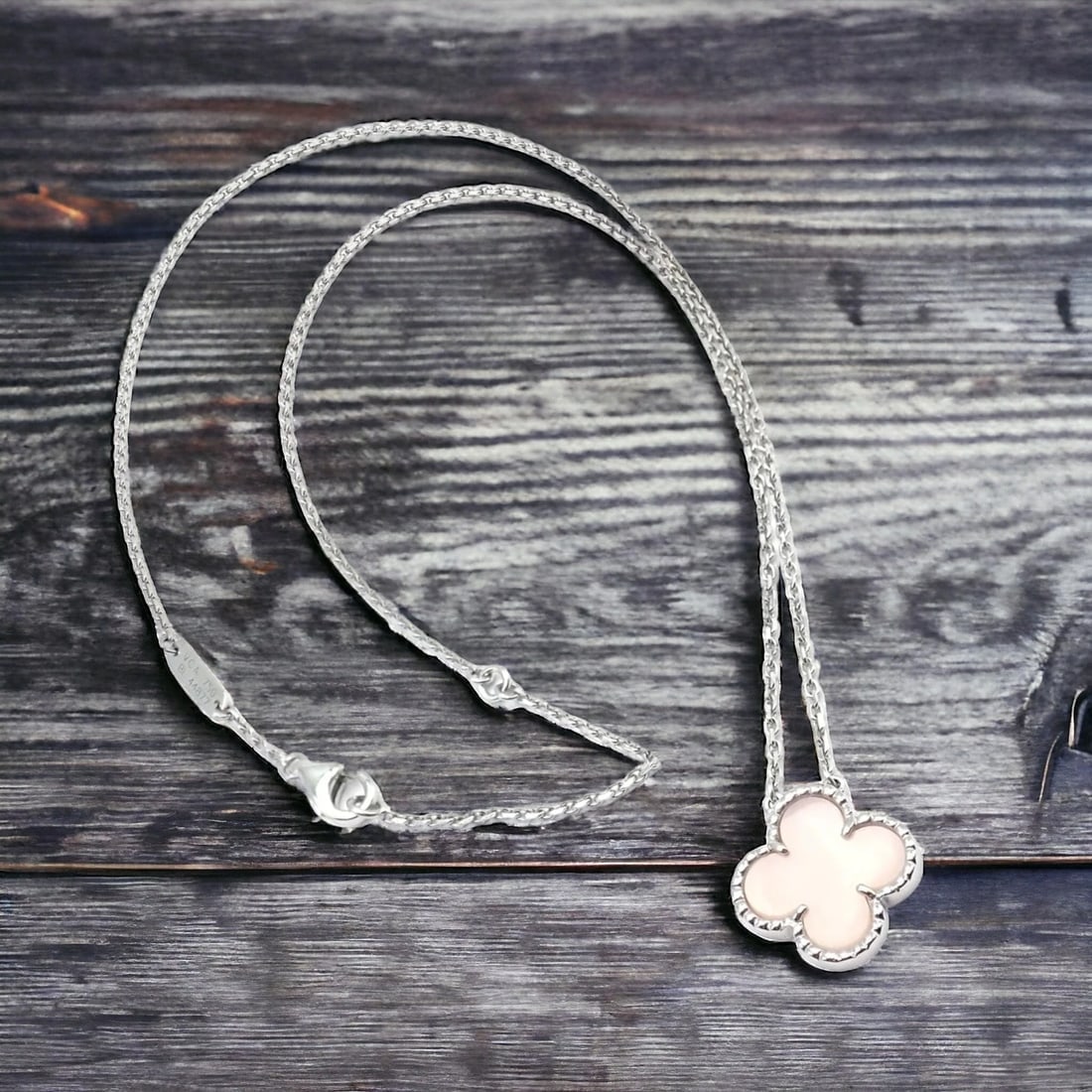 Authentic! Van Cleef & Arpels Alhambra 18k White Gold Pink Opal Necklace Cert. - 2