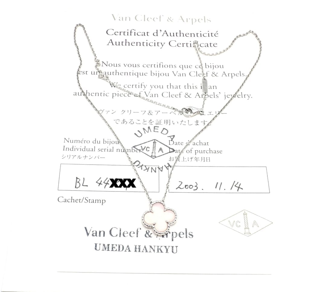 Authentic! Van Cleef & Arpels Alhambra 18k White Gold Pink Opal Necklace Cert. - 3