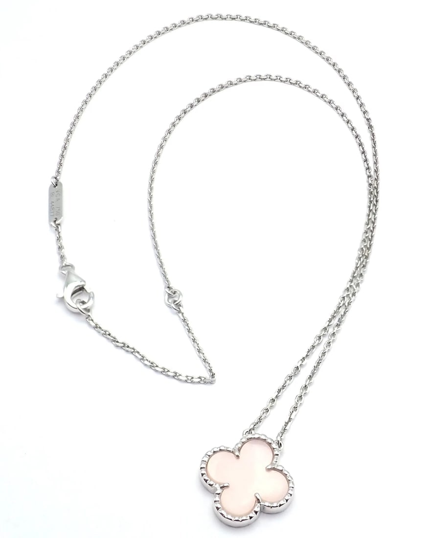 Authentic! Van Cleef & Arpels Alhambra 18k White Gold Pink Opal Necklace Cert. - 4
