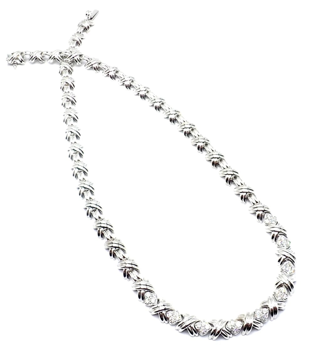 Authentic! Tiffany & Co 18k White Gold Diamond Cluster Signature X Link Necklace - 12