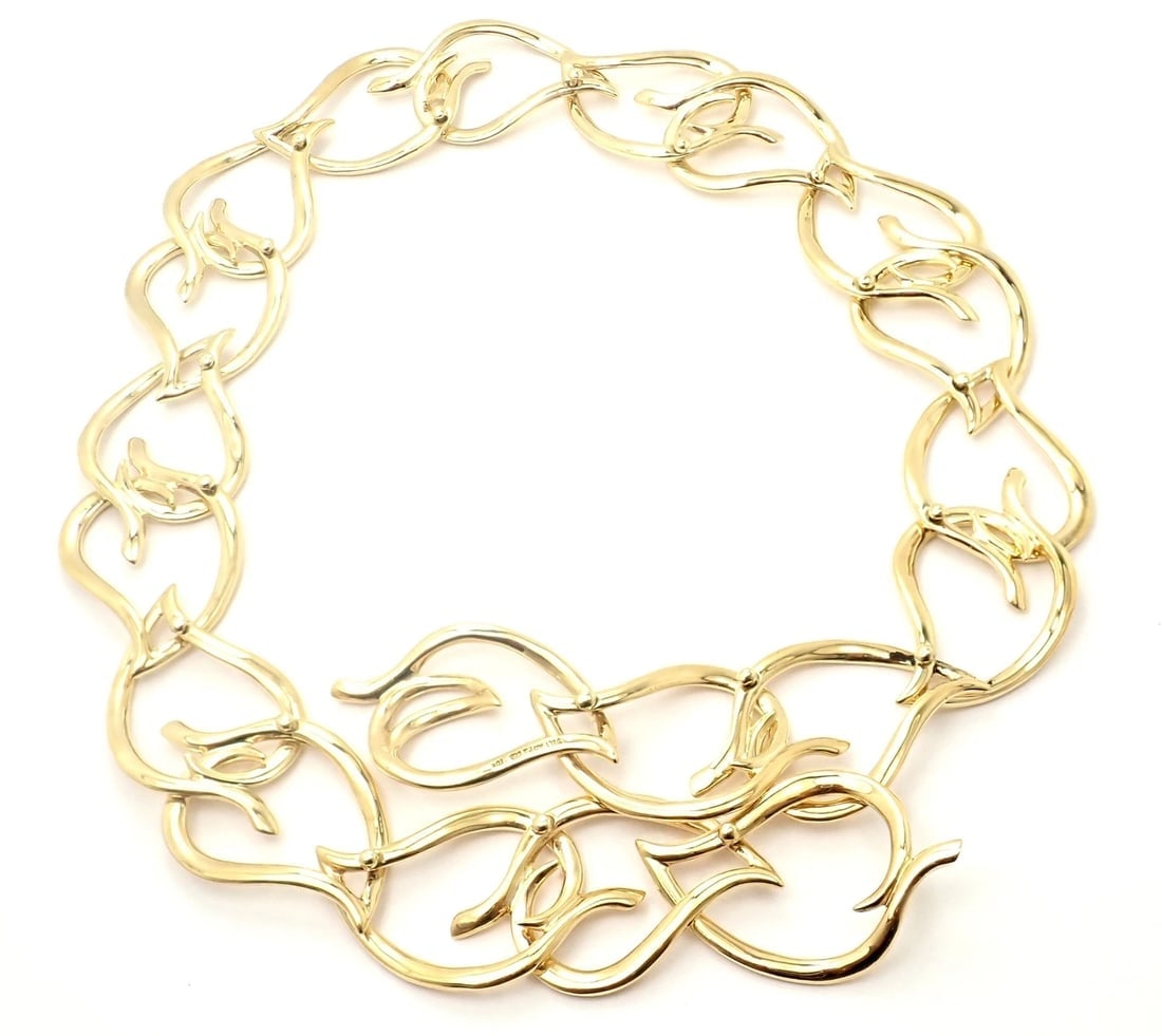 Authentic! VIntage Tiffany & Co 18k Yellow Gold Open Heart Leaf Link Necklace - 7