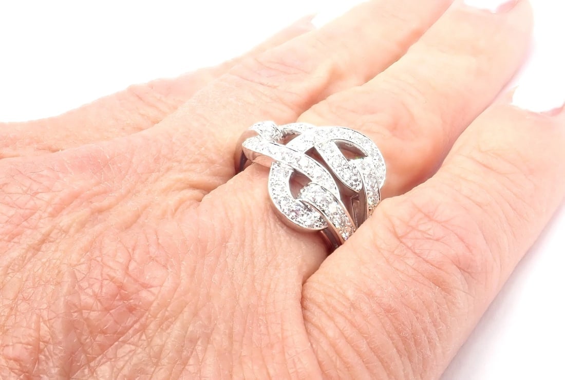 Authentic! Cartier Agrafe 18k White Gold Diamond Band Ring - 8