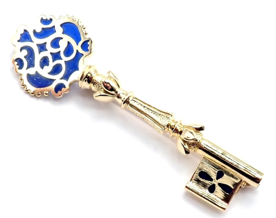 Rare! Authentic Vintage Mikimoto 18k Yellow Gold Key Blue Enamel Brooch Pin - 3