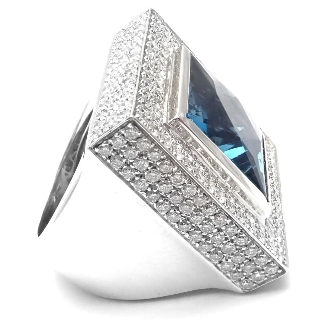 Authentic! Pasquale Bruni 18k White Gold Diamond London Blue Topaz Large Ring - 5