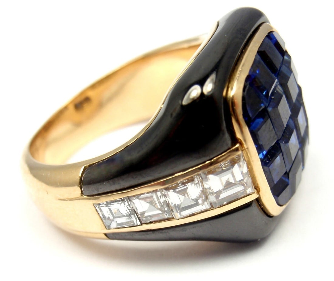 Authentic! Piaget 18k Yellow Gold Diamond Invisible Set Sapphire Enamel Ring - 3