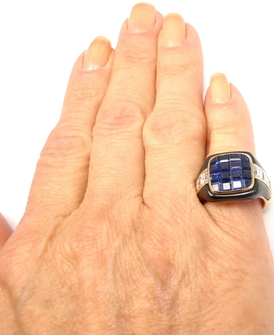 Authentic! Piaget 18k Yellow Gold Diamond Invisible Set Sapphire Enamel Ring - 9