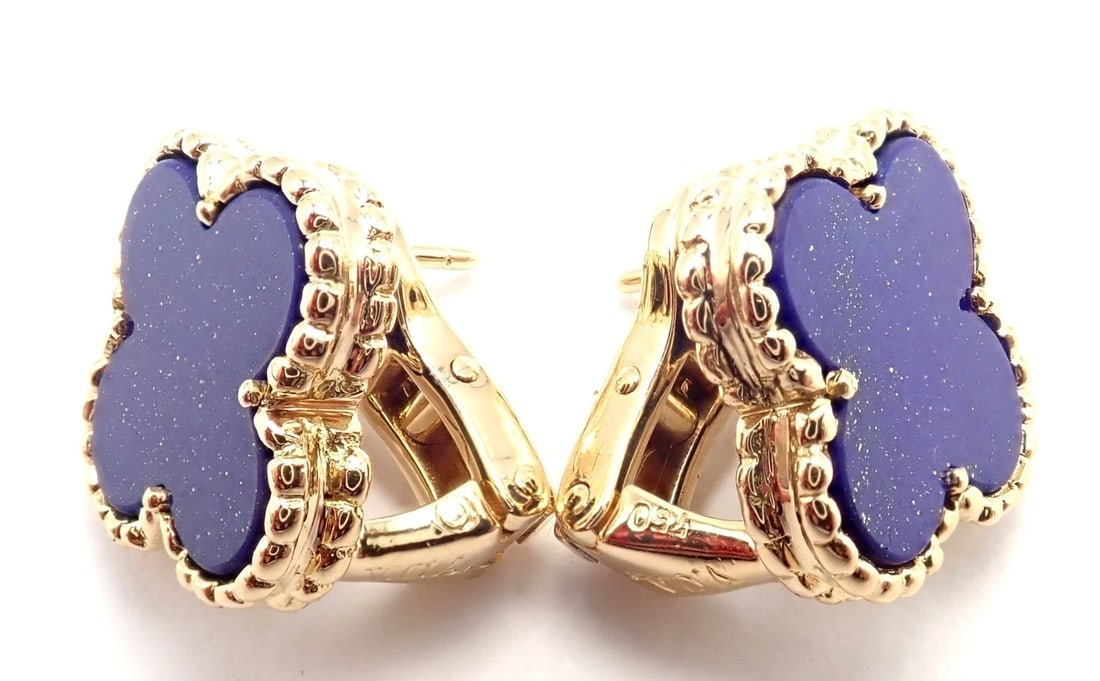 Van Cleef & Arpels 18k Yellow Gold Vintage Alhambra Blue Lapis Earrings Paper - 10