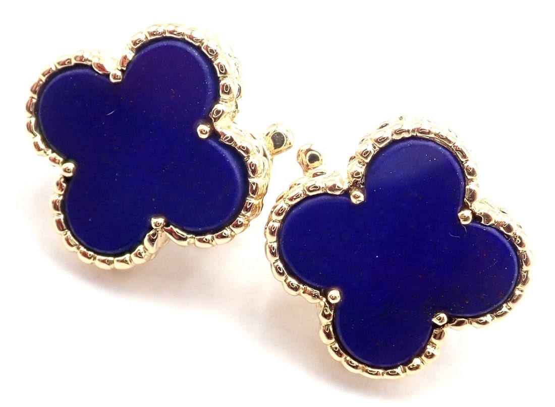 Van Cleef & Arpels 18k Yellow Gold Vintage Alhambra Blue Lapis Earrings Paper - 11