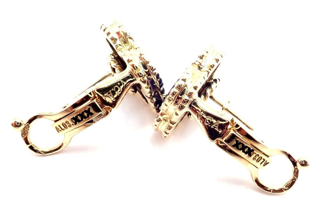 Van Cleef & Arpels 18k Yellow Gold Vintage Alhambra Blue Lapis Earrings Paper - 4