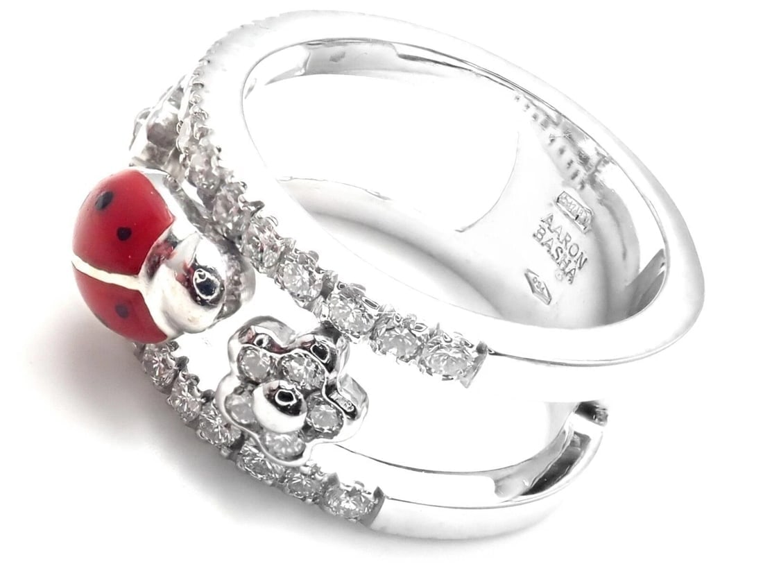 Authentic! Aaron Basha 18k White Gold Diamond Red Enamel Ladybug Band Ring - 5