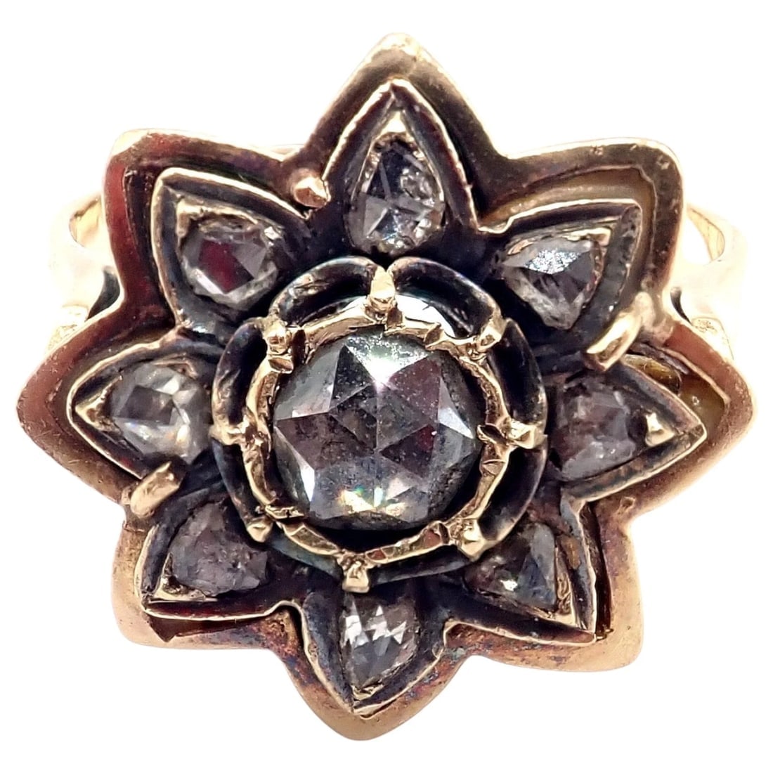Vintage! Karl Faberge 18k Yellow Gold Rose Cut Diamond Flower Ring - 9