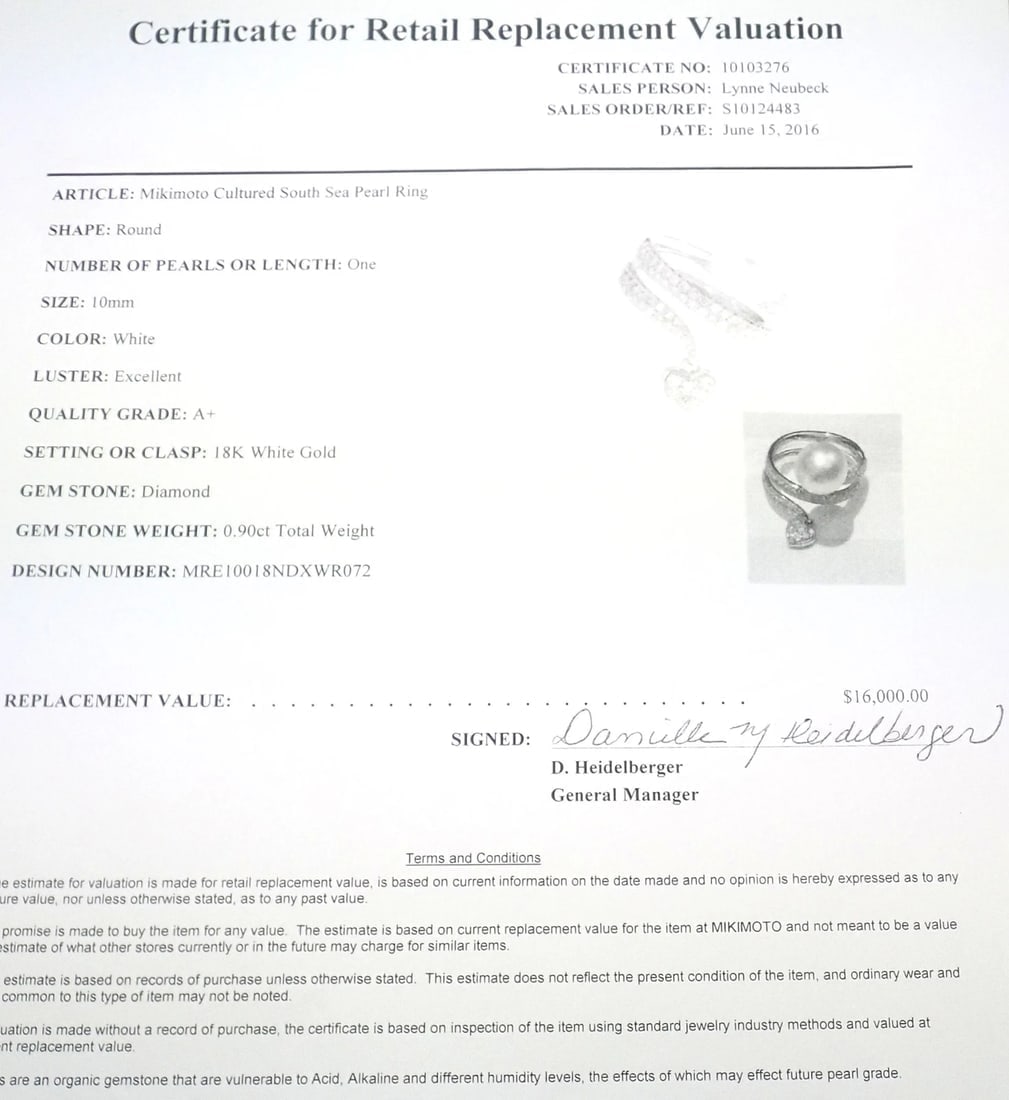 Rare! Authentic Mikimoto 18k White Gold Diamond South Sea Pearl Heart Ring Cert. - 10