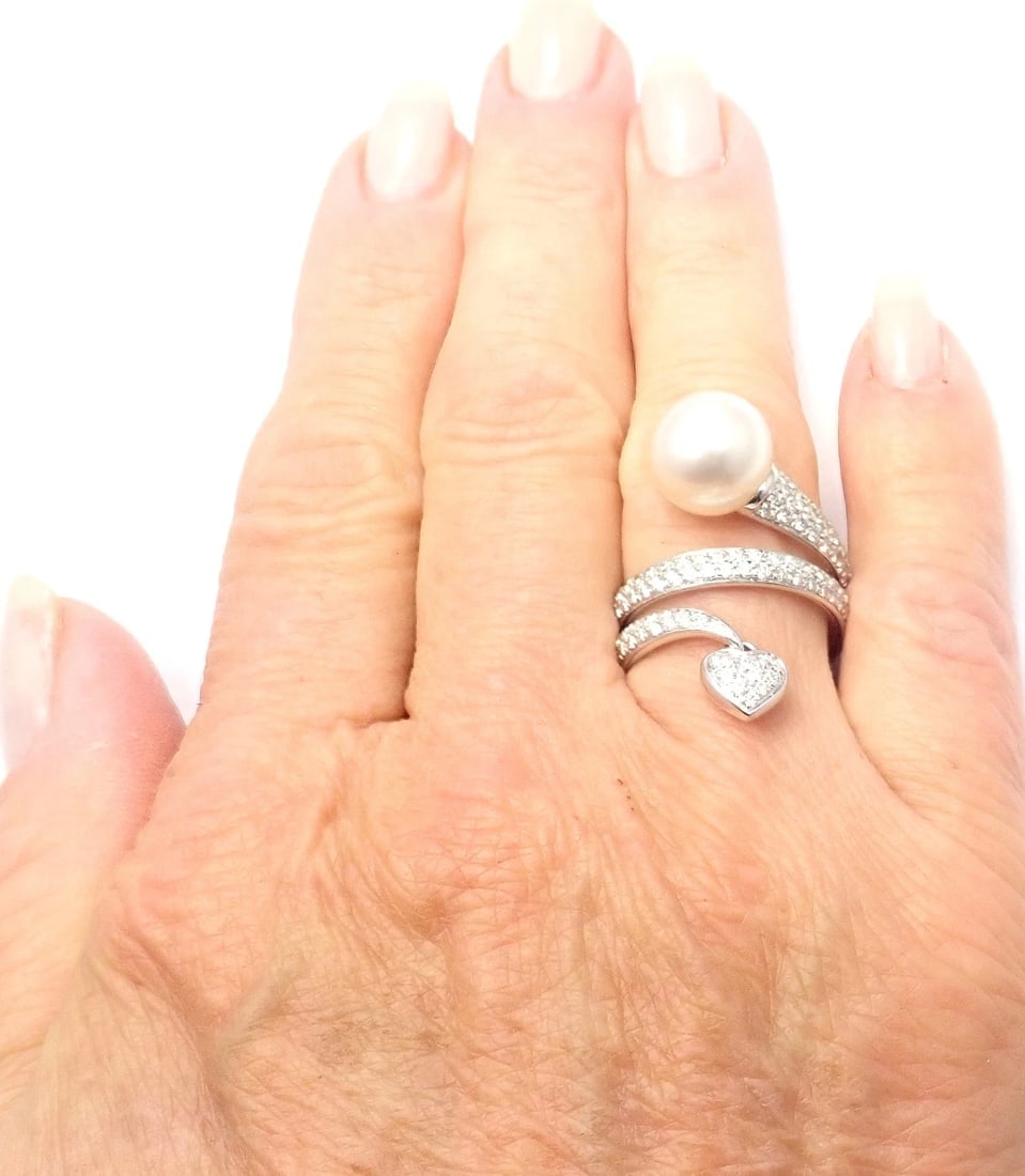 Rare! Authentic Mikimoto 18k White Gold Diamond South Sea Pearl Heart Ring Cert. - 8