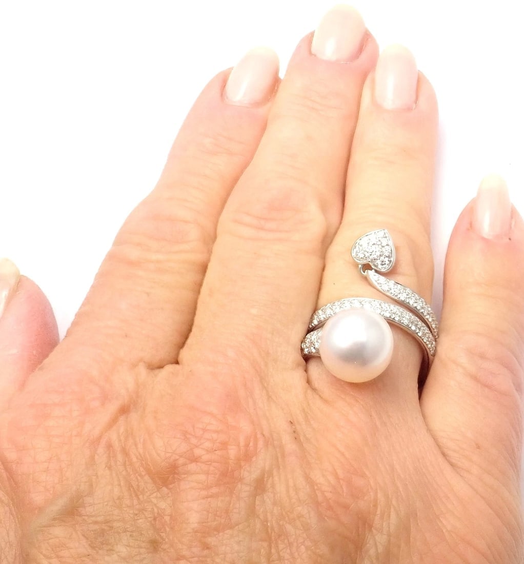 Rare! Authentic Mikimoto 18k White Gold Diamond South Sea Pearl Heart Ring Cert. - 9