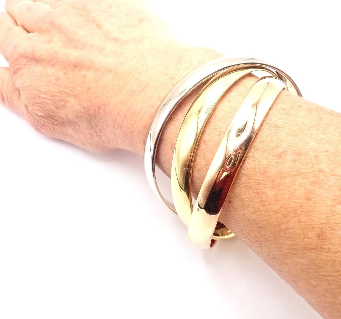 Authentic! Cartier 18k Tricolor Gold 101.5 Grams Rolling Trinity Bangle Bracelet - 11