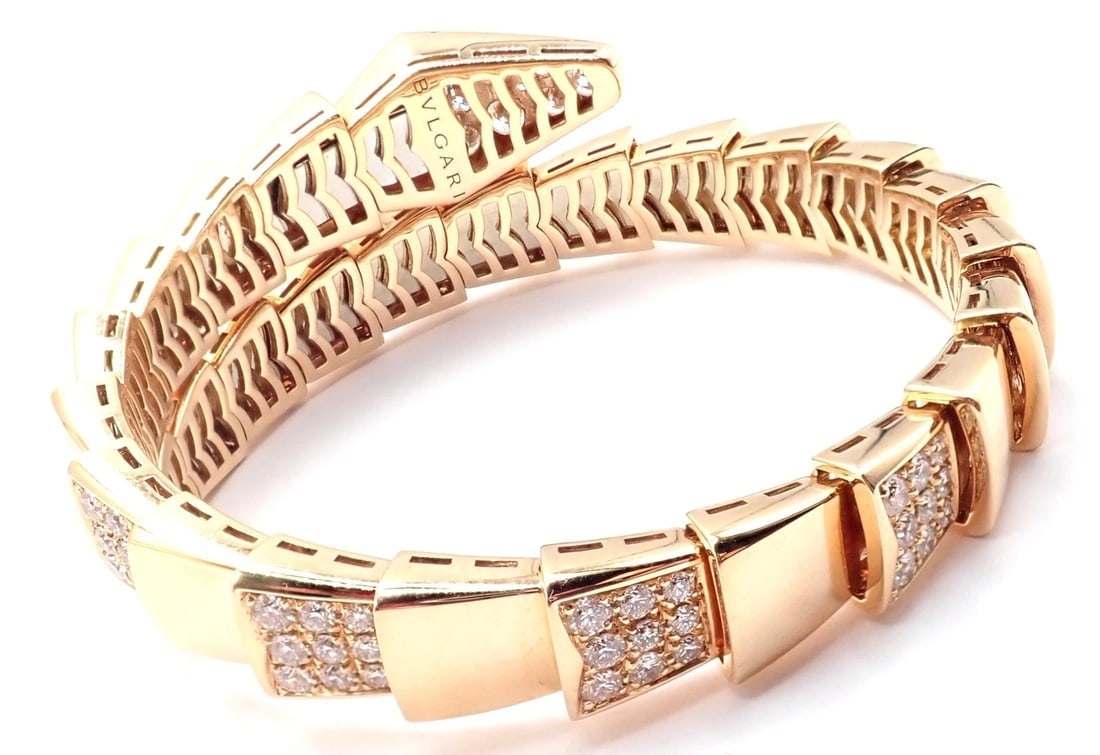 Authentic! Bulgari Bvlgari Serpenti Viper 18k Rose Gold Diamond Bangle Bracelet - 5