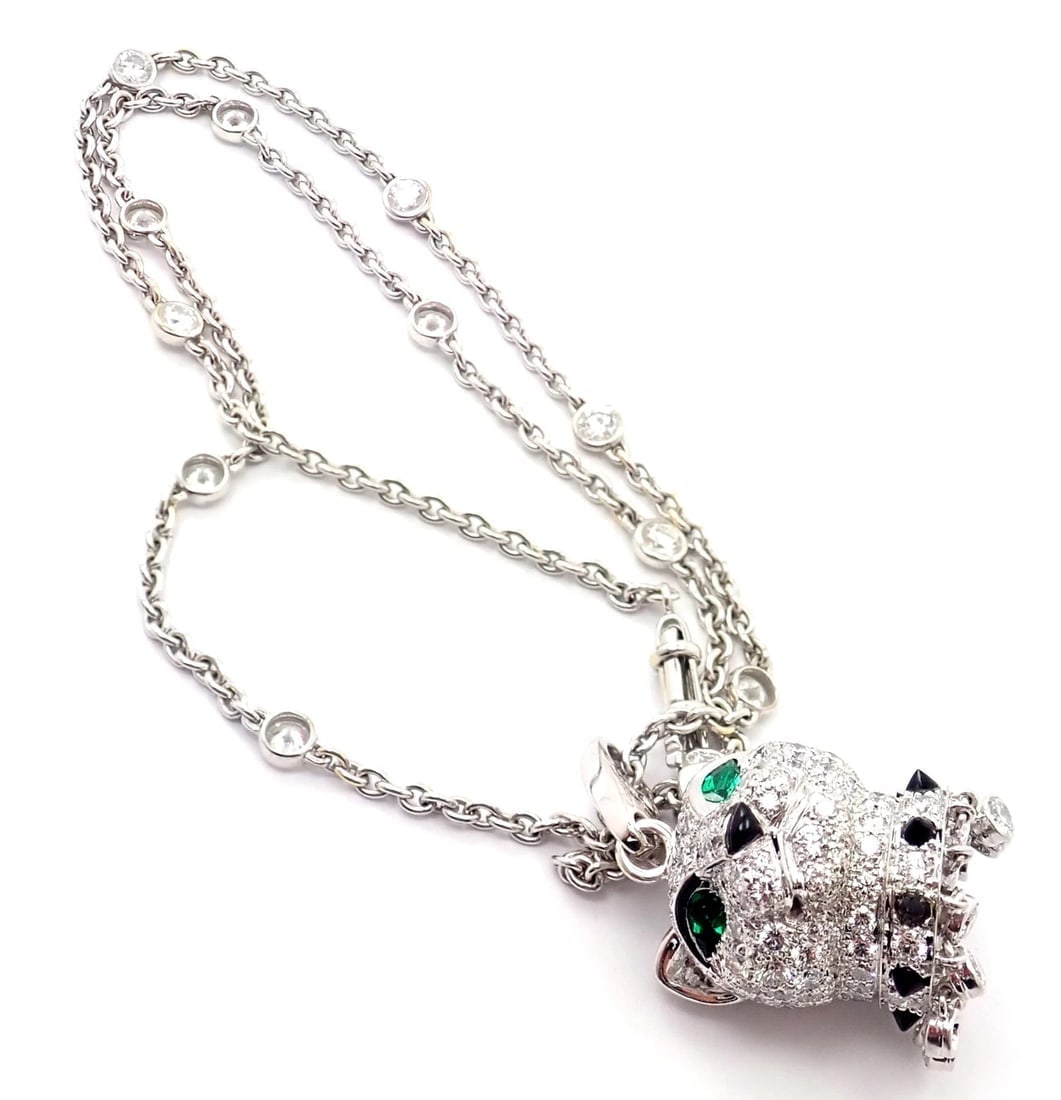 Authentic! Cartier Panther 18k White Gold Diamond Emerald Onyx Pendant Necklace - 3