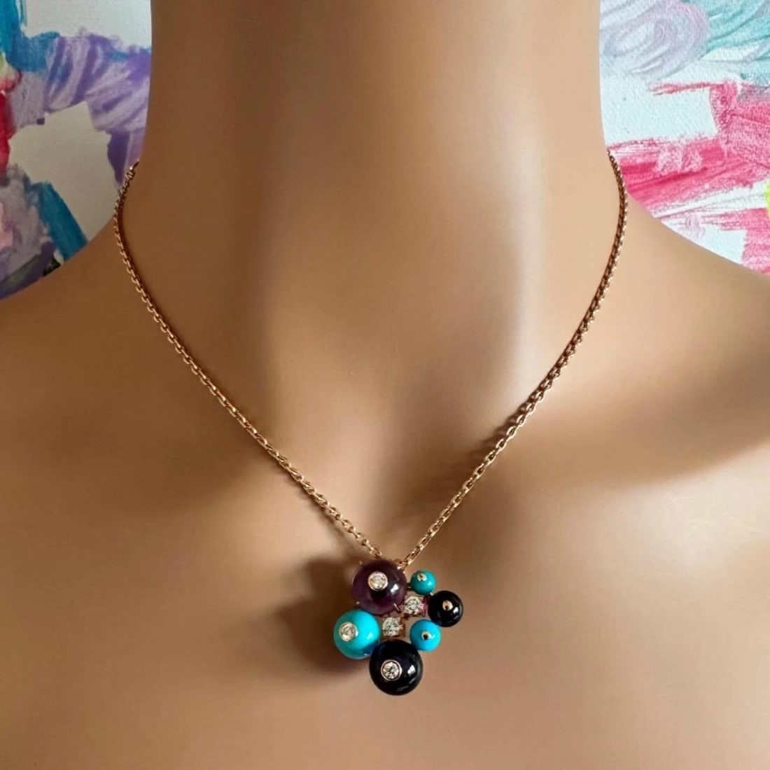 Rare! Authentic Cartier 18k Rose Gold Turquoise Diamond Delices De Goa Necklace - 15