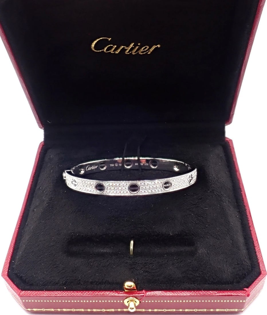 Authentic! Cartier Love 18k White Gold Diamond Pave Ceramic Bracelet Sz 18 Paper - 5