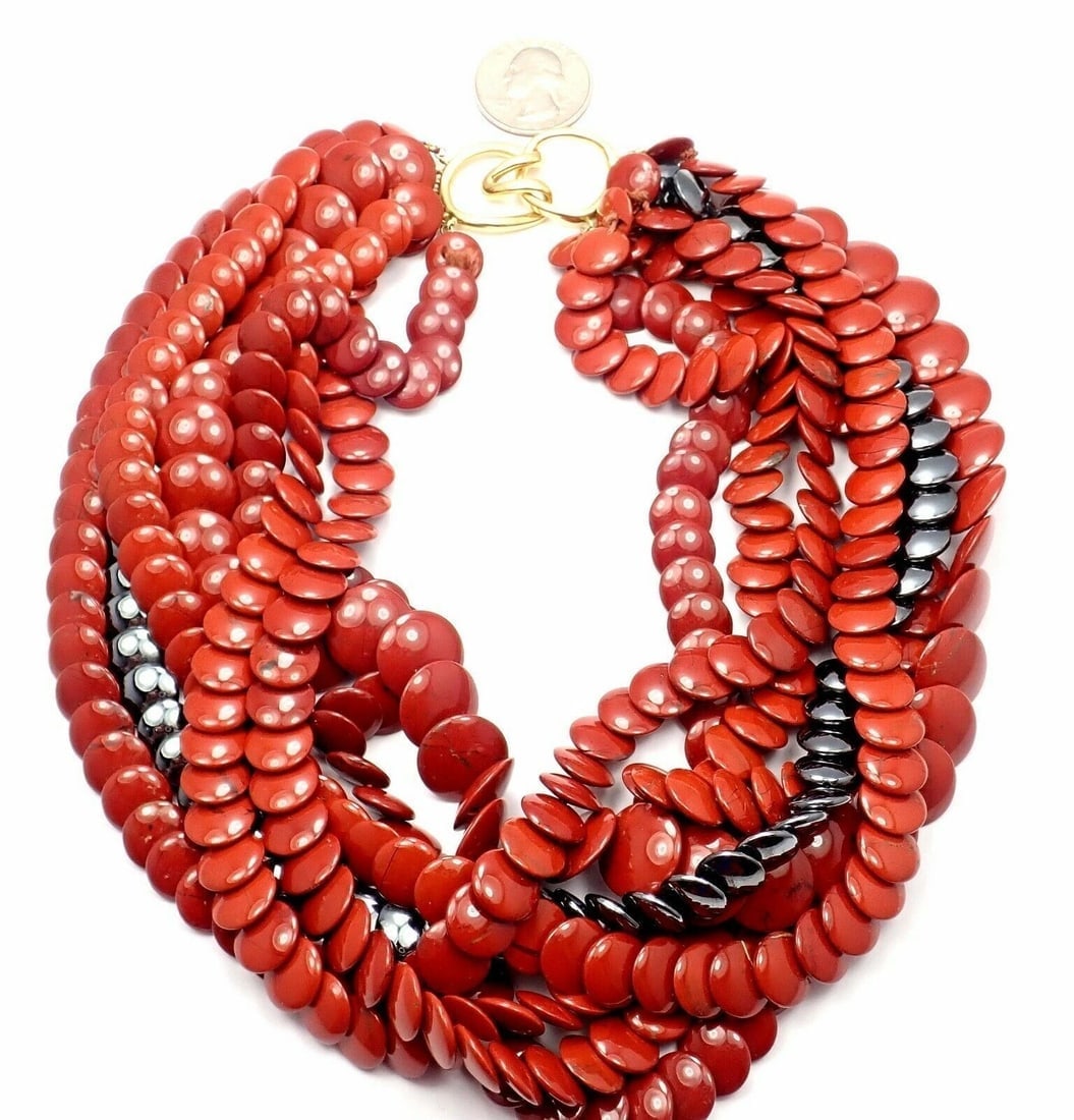 Authentic! Vintage Tiffany Co 18k Yellow Gold Jasper Hematite Bead Necklace - 10