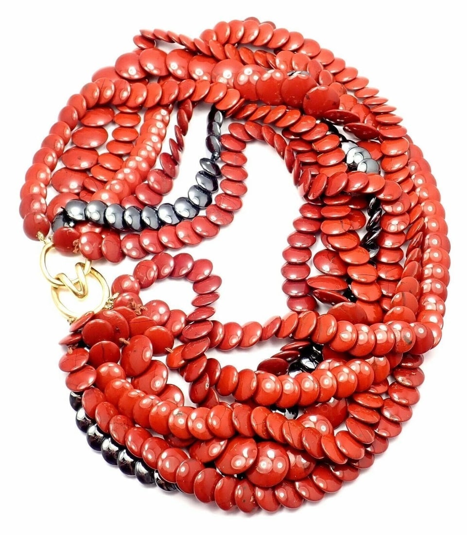 Authentic! Vintage Tiffany Co 18k Yellow Gold Jasper Hematite Bead Necklace - 11