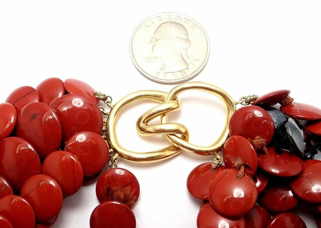 Authentic! Vintage Tiffany Co 18k Yellow Gold Jasper Hematite Bead Necklace - 9