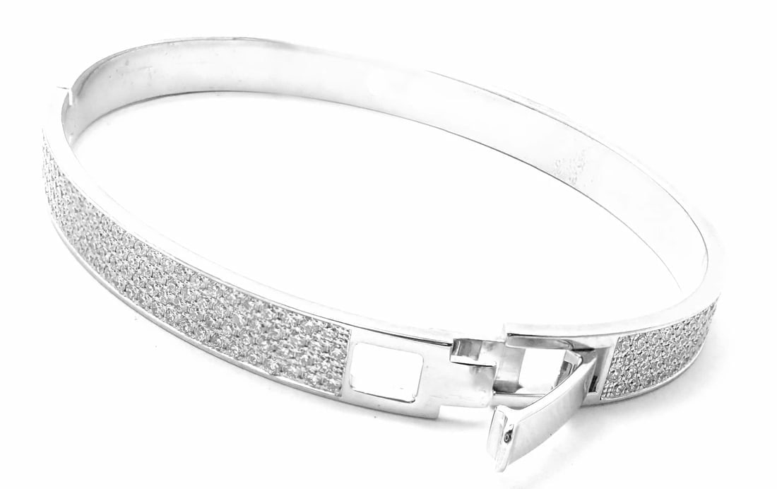 Authentic! Hermes H D'Ancre 18k White Gold Diamond Small Model Bangle Bracelet - 11