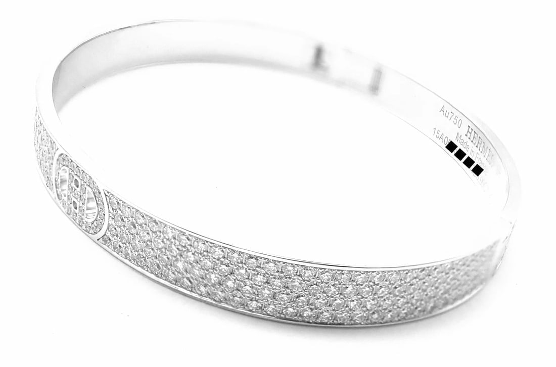 Authentic! Hermes H D'Ancre 18k White Gold Diamond Small Model Bangle Bracelet - 9