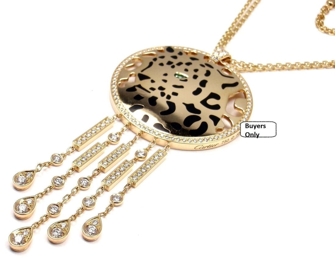 Authentic! Cartier Panther 18k Yellow Gold Diamond Tsavorite Lacquer Necklace - 9