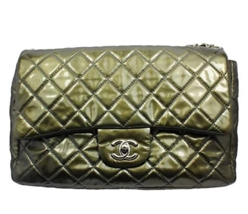2008 Chanel Classic Jumbo Quilted Patent Leather Rare Olive Green Handbag Purse - 3