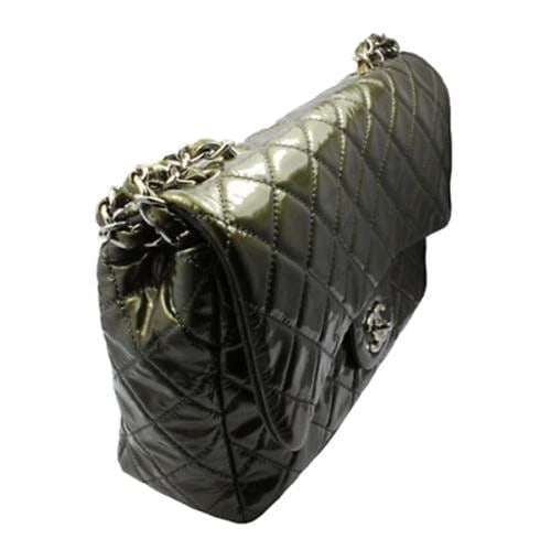 2008 Chanel Classic Jumbo Quilted Patent Leather Rare Olive Green Handbag Purse - 4