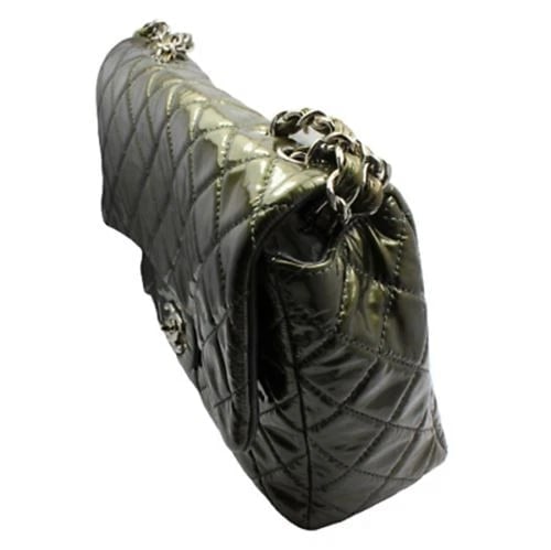 2008 Chanel Classic Jumbo Quilted Patent Leather Rare Olive Green Handbag Purse - 5