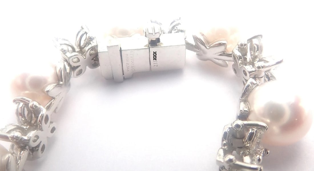 Tiffany & Co Victoria Platinum Diamond Akoya Cultured Pearl Line Tennis Bracelet - 12