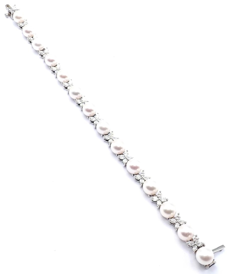 Tiffany & Co Victoria Platinum Diamond Akoya Cultured Pearl Line Tennis Bracelet - 7