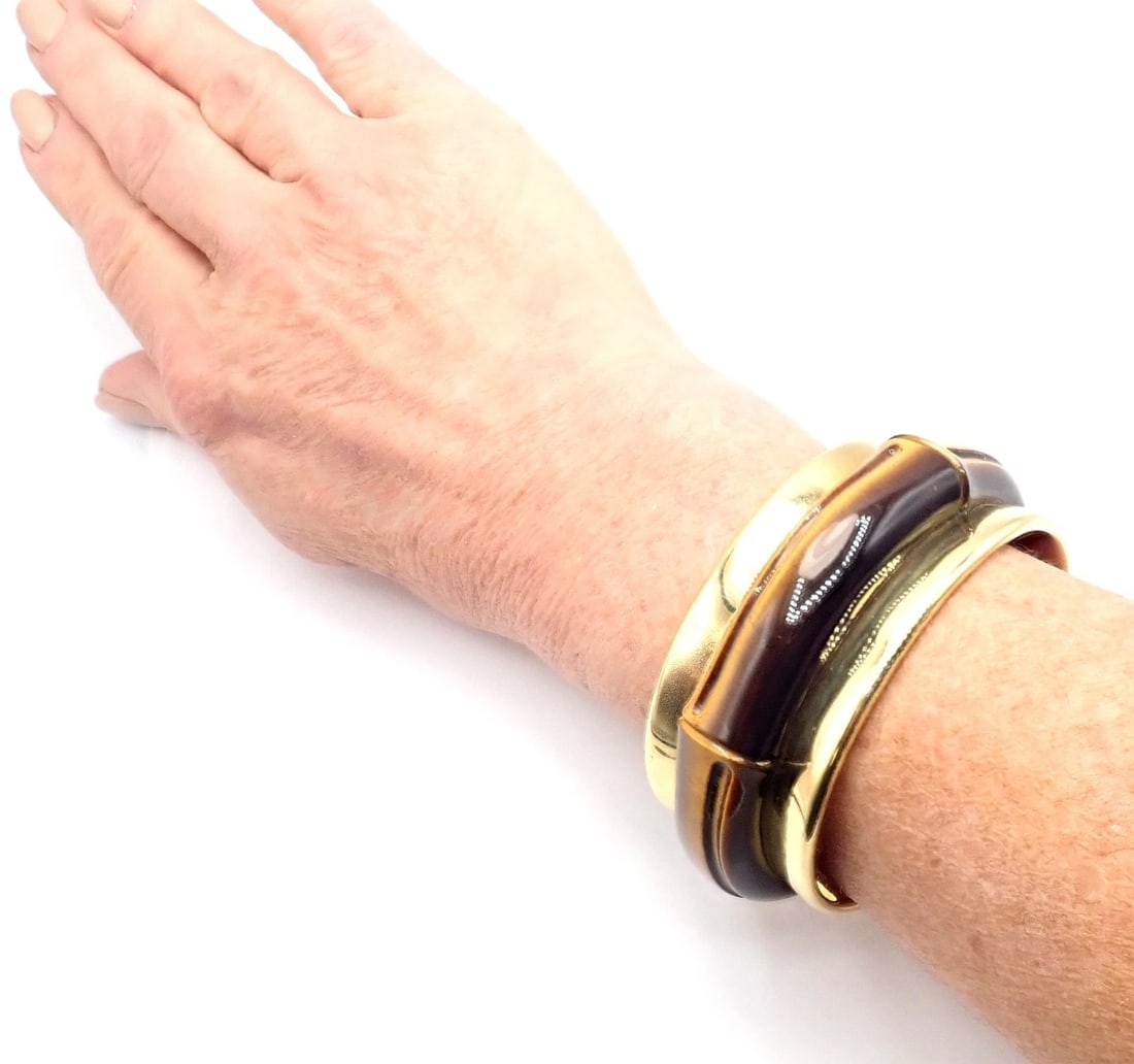 Authentic! Tiffany & Co 18k Yellow Gold Tiger Eye Bangle Cuff Wide Bracelet 2002 - 10