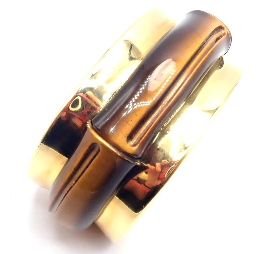 Authentic! Tiffany & Co 18k Yellow Gold Tiger Eye Bangle Cuff Wide Bracelet 2002 - 3