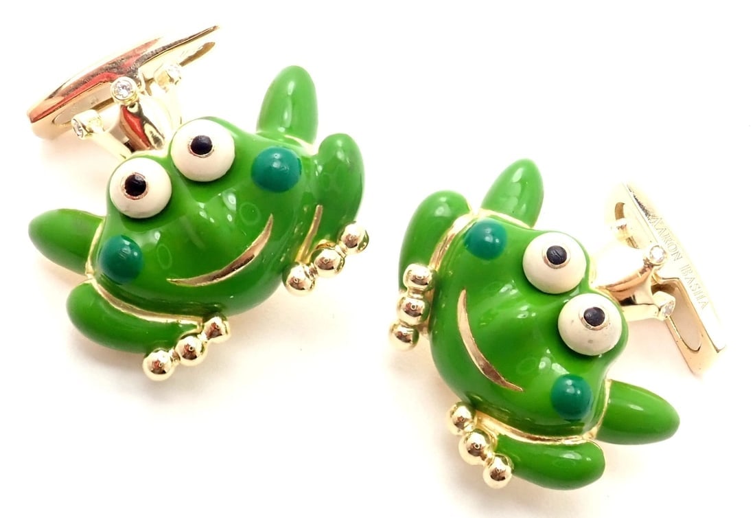Authentic! Aaron Basha 18k Yellow Gold Diamond Enamel Frog Prince Cufflinks - 3