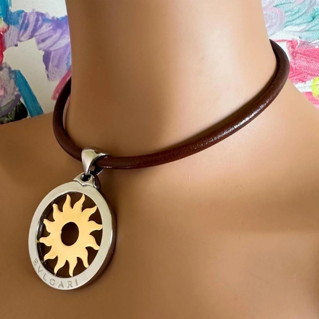 Bulgari Tondo Sun 18k Gold Steel Extra Large Pendant Brown Leather Necklace - 10